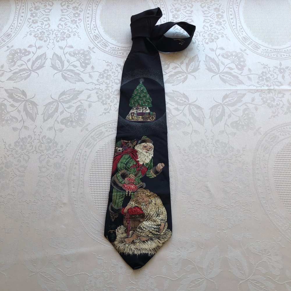 Vintage Y2K Wembley Black Christmas Neck-Tie Men’s OSFM Santa delivering Gifts